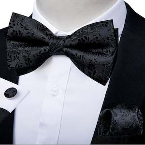 Bow Tie Set: Black Paisley  Bowtie Pocket Square Cufflinks Set- LH-0150