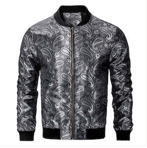 Jackets: NEW SIMONVON BLACK SILVER PAISLEY MEN'S JACQUARD LIGHT CASUAL JACKET-JK-4004