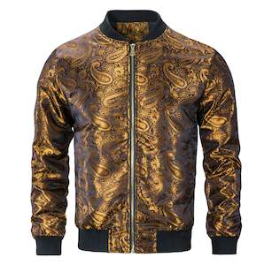 Jackets: Golden Black Paisley Men's Lightweight Zip Jacket Casual-JK-2008