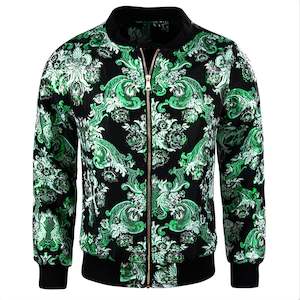 Jackets: Mens Green White Floral Jacquard Paisley Lightweight Zip Jacket Casual-JK-0005