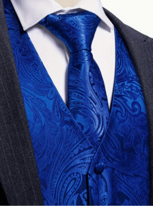 School Ball Youth Events: Cerulean Blue Paisley Silk Vest Necktie Pocket Square Cufflinks Set- MJ-2793
