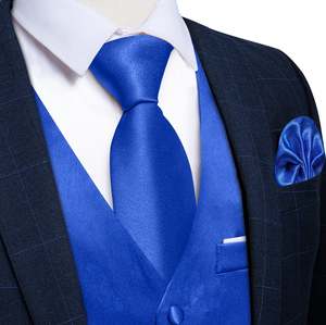School Ball Youth Events: Blue Solid Satin Waistcoat Vest Tie Handkerchief Cufflinks Set- MJ-0642