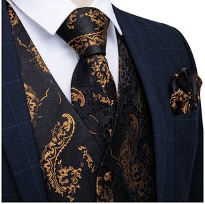 School Ball Youth Events: Black Gold Floral Jacquard Silk Wastcoat Vest Handerchif Cufflinks Tie Vest Set- Mj-0123