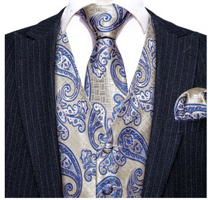 School Ball Youth Events: Classy Silver Blue Paisley Silk Vest Necktie Pocket Square Cufflinks Set- MJ-2589