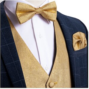 Golden Solid Jacquard Silk Men's 4pc Waistcoat Vest Necktie Pocket Square C&hellip;