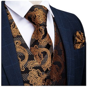 MEN'S CLASSIC BROWN BLACK FLORAL JACQUARD SILK WAISTCOAT VEST HANDKERCHIEF &hellip;