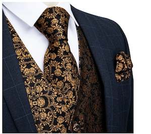 Clearance Sale Collection: Black Gold Floral Paisley Waistcoat and Necktie Pocket Square Cufflink Vest Set-MJ-0126
