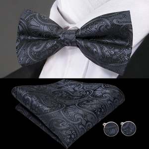 Formal Black Tie Events: Black Paisley Silk Bow Tie Pocket Square Cufflinks Set-LH-0718
