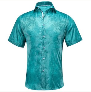 Clearance Sale Collection: Teal Green Paisley Silk Men's Short Sleeve Shirt-CY-1461