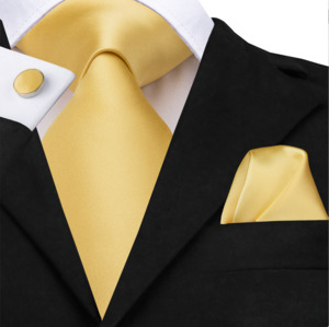 Mens Silk Tie Handkerchief Cufflinks Set: Ties for Men Luxury Yellow Solid Necktie Hanky Cufflinks Set- N-3264