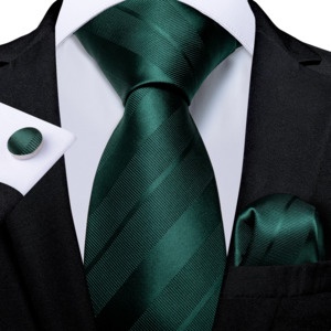 Mens Silk Tie Handkerchief Cufflinks Set: Dark Green stripe Tie Pocket Square Cufflinks Set- N-7222