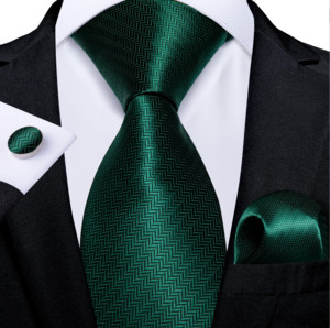 Mens Silk Tie Handkerchief Cufflinks Set: Dark Green Novelty Woven Tie Pocket Square Cufflinks Set- N-7366