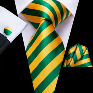 Mens Silk Tie Handkerchief Cufflinks Set: Men's Tie Yellow Green Striped Tie Pocket Square Cufflinks Set-N-3370