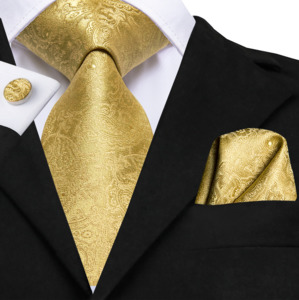 Mens Silk Tie Handkerchief Cufflinks Set: Golden Paisley  Tie Pocket Square Cufflinks Set-N-3053