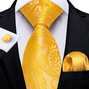Mens Silk Tie Handkerchief Cufflinks Set: Gold  Paisley Tie Pocket Square Cufflinks Set- DG-N-8773