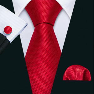 Mens Silk Tie Handkerchief Cufflinks Set: Red  Silk Tie Pocket Square Cufflinks Set-N-5198