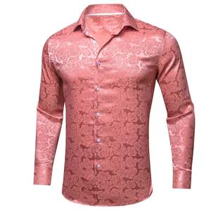 Mens Shirts: Rose Pink Coral Floral Silk Men's Long Sleeve Shirt- CY-0673