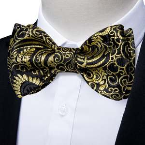 New: Black Golden Floral  Silk  Bowtie Pocket Square Cufflinks Set-LH-0137