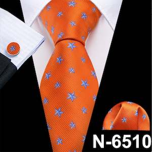 Orange Blue Star Silk Tie Pocket Square Cufflinks Set- N-6510