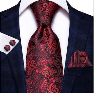 Red Black Paisley Tie Handkerchief Cufflinks Set- N-0314