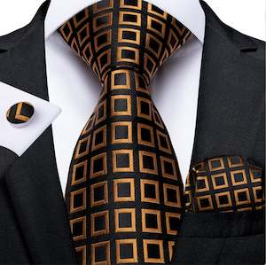 Best Selling Collection: Black   Orange Square Plaid Tie Pocket Square Cufflinks Set- N-7303