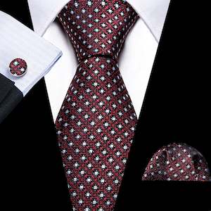 Best Selling Collection: Fashion Red White Striped Silk Tie Handkerchief Cufflinks Set-N-6079