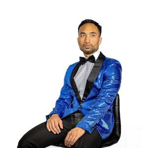 Sequin Blue Solid Jacket with Black Shawl Collar  - XX-1079