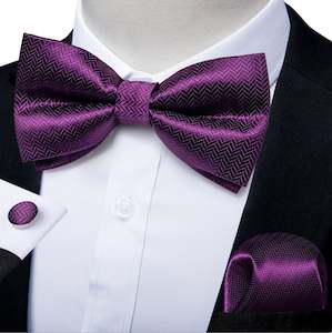 Dark Purple Striped Silk Self-tied Bow Tie Pocket Square Cufflinks Set-LH-0158