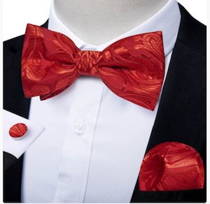 Red Paisley Pre-tied Bow Tie Hanky Cufflinks Set-LH-0170