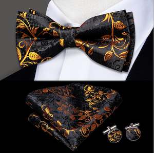 Black Gold Floral Silk Bowtie Pocket Square Cufflinks Set- LH-0573