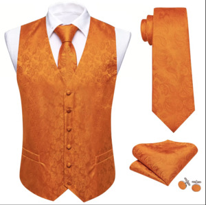 Mens Vests Waistcoats: Flame Orange Paisley  Silk Mens Vest Tie Set - MJ-2655