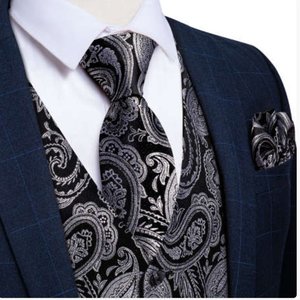 Mens Vests Waistcoats: BLACK SILVER PAISLEY JACQUARD SILK WAISTCOAT VEST HANDKERCHIEF CUFFLINKS TIE VEST SUIT SET- MJ-0148