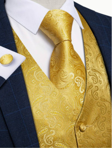 Mens Vests Waistcoats: Golden Men's Flowers Paisley Pattern Print Waistcoat & Necktie Set-MJ-0143