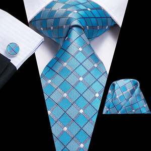 Best Selling Collection: Blue Plaid Mens's Tie Pocket Square Cufflinks Set- N-3119