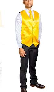 Mens Vests Waistcoats: Yellow Solid Satin Waistcoat Vest Tie Handkerchief Cufflinks Set-MJ-0632