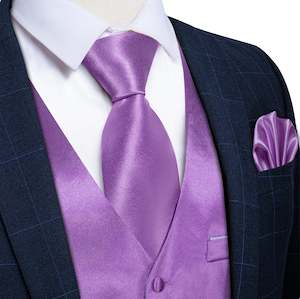 Mens Vests Waistcoats: Purple Solid Satin Waistcoat Vest Tie Handkerchief Cufflinks Set- MJ-0630