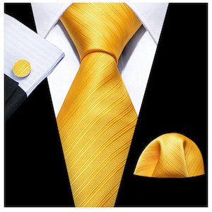Mens Silk Tie Handkerchief Cufflinks Set: Simon.Von Yellow Tie Striped Silk Tie Hanky Cufflinks Set - N5091