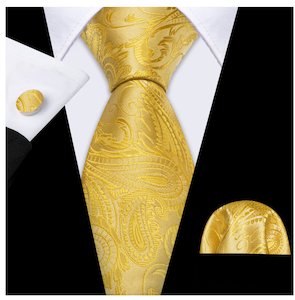 Mens Silk Tie Handkerchief Cufflinks Set: Simon Von Gold Tie Paisley Silk Mens Tie Pocket Square Cufflinks Set- N-5220