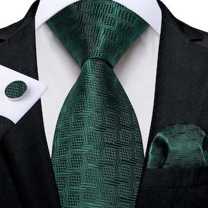 Mens Silk Tie Handkerchief Cufflinks Set: Dark Green Plaid Men's Tie Handkerchief Cufflinks Set- N-8345