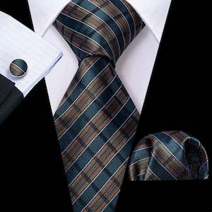 Mens Silk Tie Handkerchief Cufflinks Set: Brown Green Striped Men's Tie Pocket Square Cufflinks Set- N-5737
