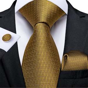 Mens Silk Tie Handkerchief Cufflinks Set: New Solid Golden Tie Pocket Square Cufflinks Set - N-7341