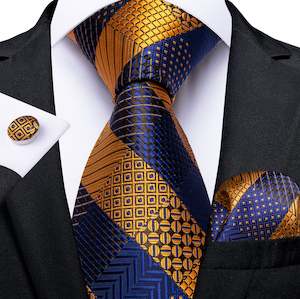 Mens Silk Tie Handkerchief Cufflinks Set: Orange Blue Plaid Tie Pocket Square Cufflinks Set- N-7329