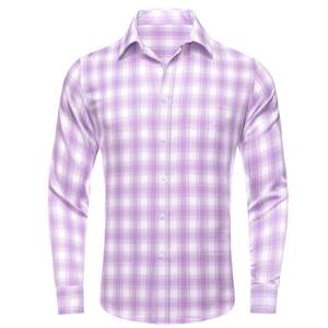 Mens Shirts: Simon Von Button Down Shirt Purple White Plaid Men's Silk Long Sleeve Shirt-CY-1930