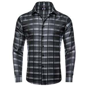 Mens Shirts: Simon Von Grey Black Checkered Plaid Men's Button Up Dress Shirt-CY-1999