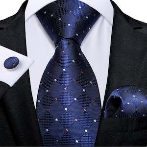 Best Selling Collection: Royal Blue Plaid Tie Handkerchief Cufflinks Set_ N-7374