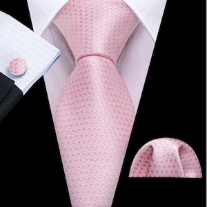 Best Selling Collection: Pink Polka Dot Silk Necktie Pocket Square Cufflinks Set-N-6493