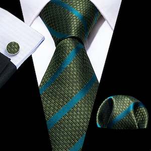 Best Selling Collection: Green Blue Striped Silk Tie Handkerchief Cufflinks Set- N-5845