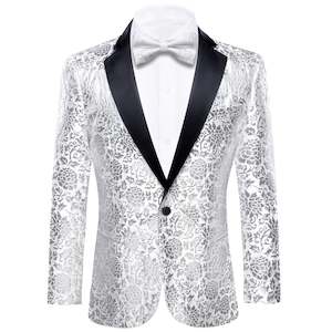 Blazers: Simon Von Luxury White Grey Floral Men's Suit Blazer-XX-0110