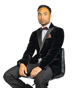 Blazers: Simon Von Men's Suit Classic Black Solid Silk Peak Collar Blazer Suit-XX-0059