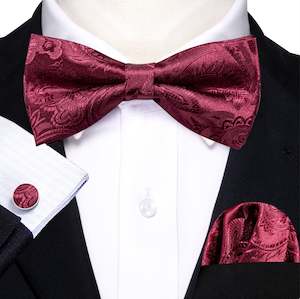 WINE RED PAISLEY BOWTIE POCKET SQUARE CUFFLINKS SET-LH-0959